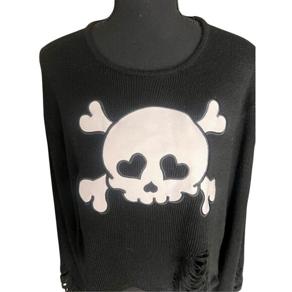 Dolls kill dead wrong skull M/L distressed knit long sleeve black sweater  - Picture 3 of 8